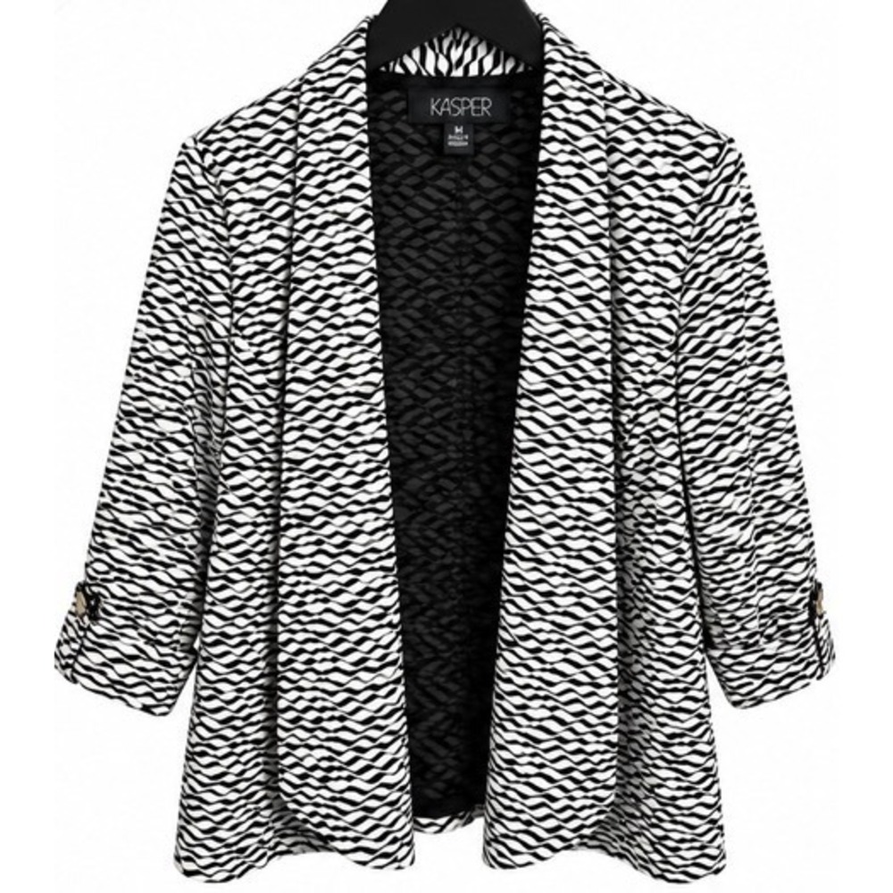 Kasper Womens Black White Textured Wavy Print 3/4 Sleeve Open Front Blazer M